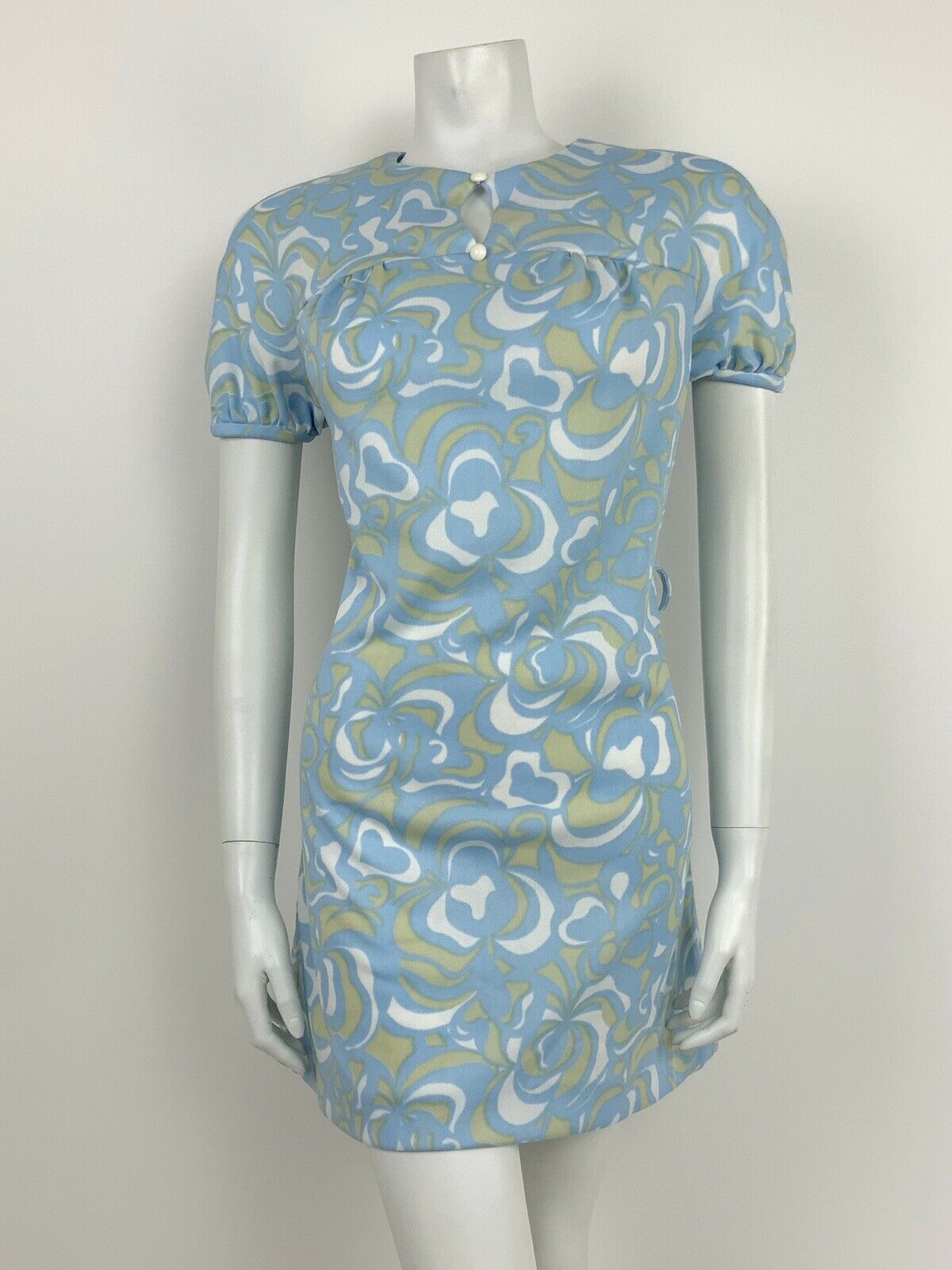 VINTAGE 60s 70s BLUE WHITE BEIGE SWIRL FLORAL KEYHOLE YOKE DRESS 10 12