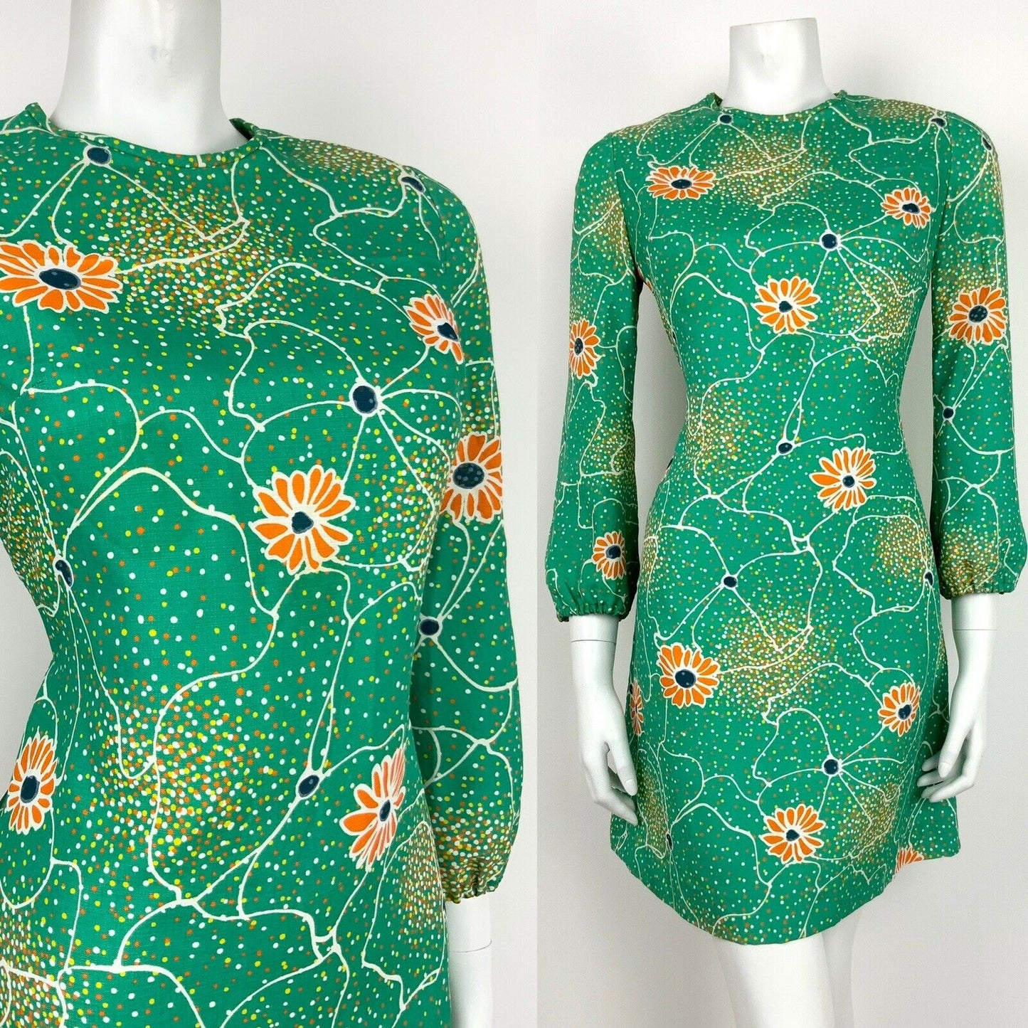 VTG 60s 70s GREEN ORANGE WHITE YELLOW ABSTRACT FLORAL DOTTY SHIFT DRESS 10 12