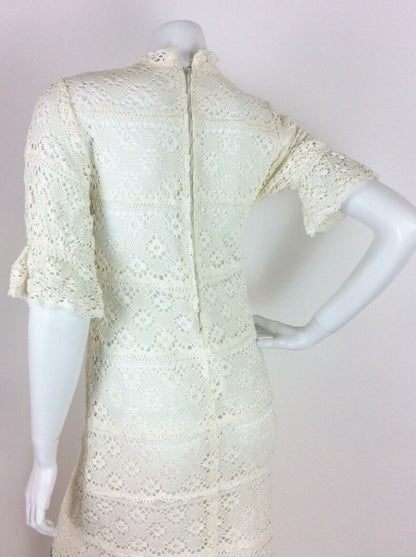 VTG 60S 70S WHITE CREAM EMBROIDERED CROCHET MAXI DRESS 6 8