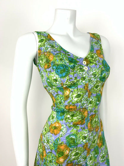 VTG 60s 70s GREEN EMPIRE LINE SUN DRESS BLUE PURPLE ORANGE FLORAL DITSY 12 14