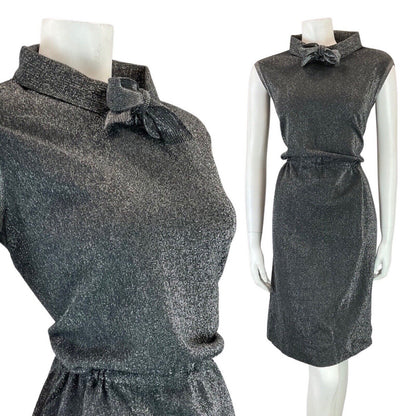 VINTAGE 60s 70s GREY SILVER LUREX GLITTER DISCO PARTY MOD SLEEVELESS DRESS 10 12