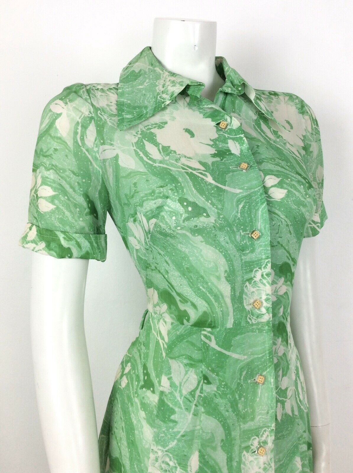 VINTAGE 60s 70s GREEN WHITE SWIRL PSYCHEDELIC SHIRT TEA DRESS 10 12