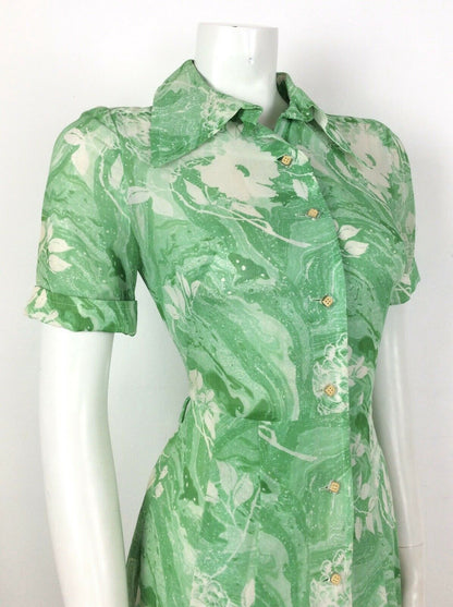 VINTAGE 60s 70s GREEN WHITE SWIRL PSYCHEDELIC SHIRT TEA DRESS 10 12