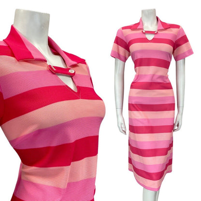 VINTAGE 60s 70s PINK PEACH FUCHSIA STRIPED MOD MIDI SHIRT DRESS 12 14