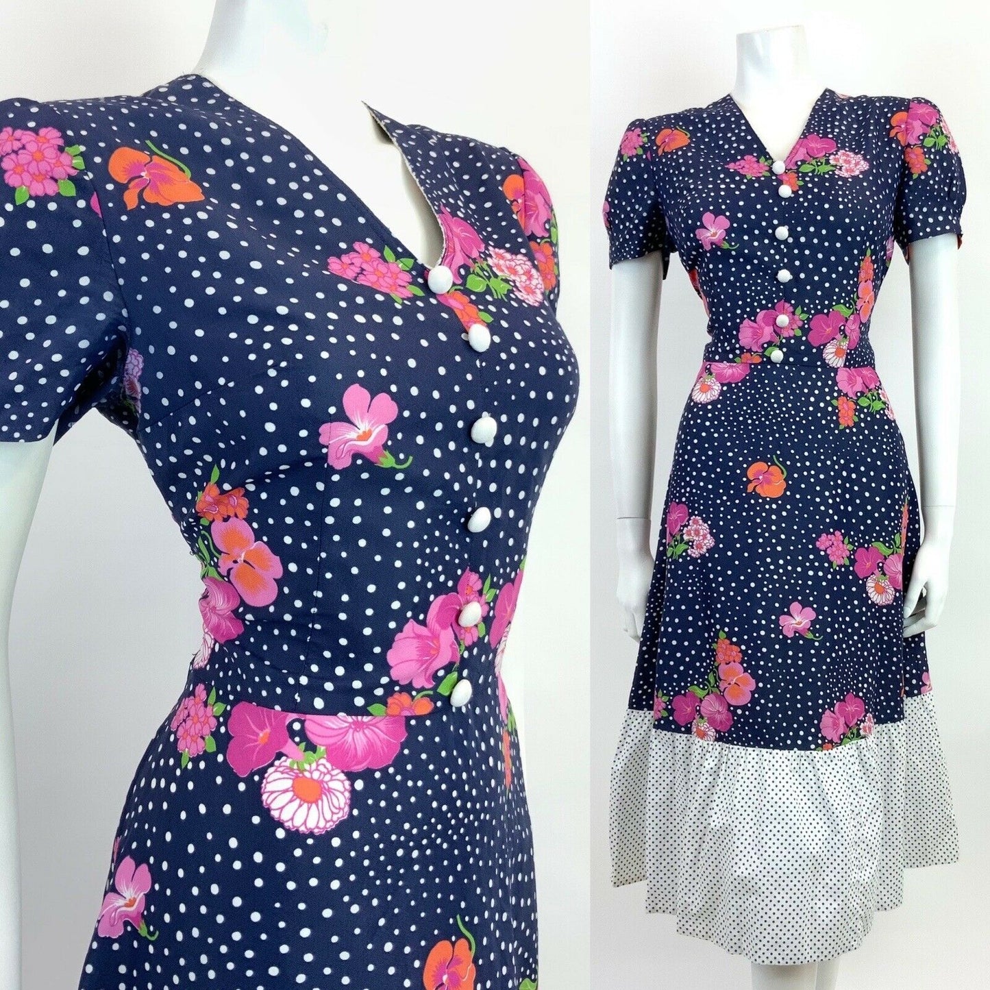 VINTAGE 60s NAVY BLUE WHITE PINK POLKA-DOT FLORAL RUFFLED MIDI DRESS 12