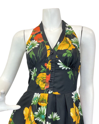 VINTAGE 60s 70s BLACK RED YELLOW POPPY DAISY FLOWER HALTER MAXI DRESS 4