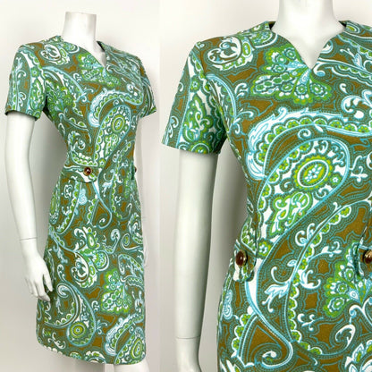 VINTAGE 60s 70s BLUE GREEN BROWN WHITE FLORAL PSYCHEDELIC PAISLEY DRESS 12 14