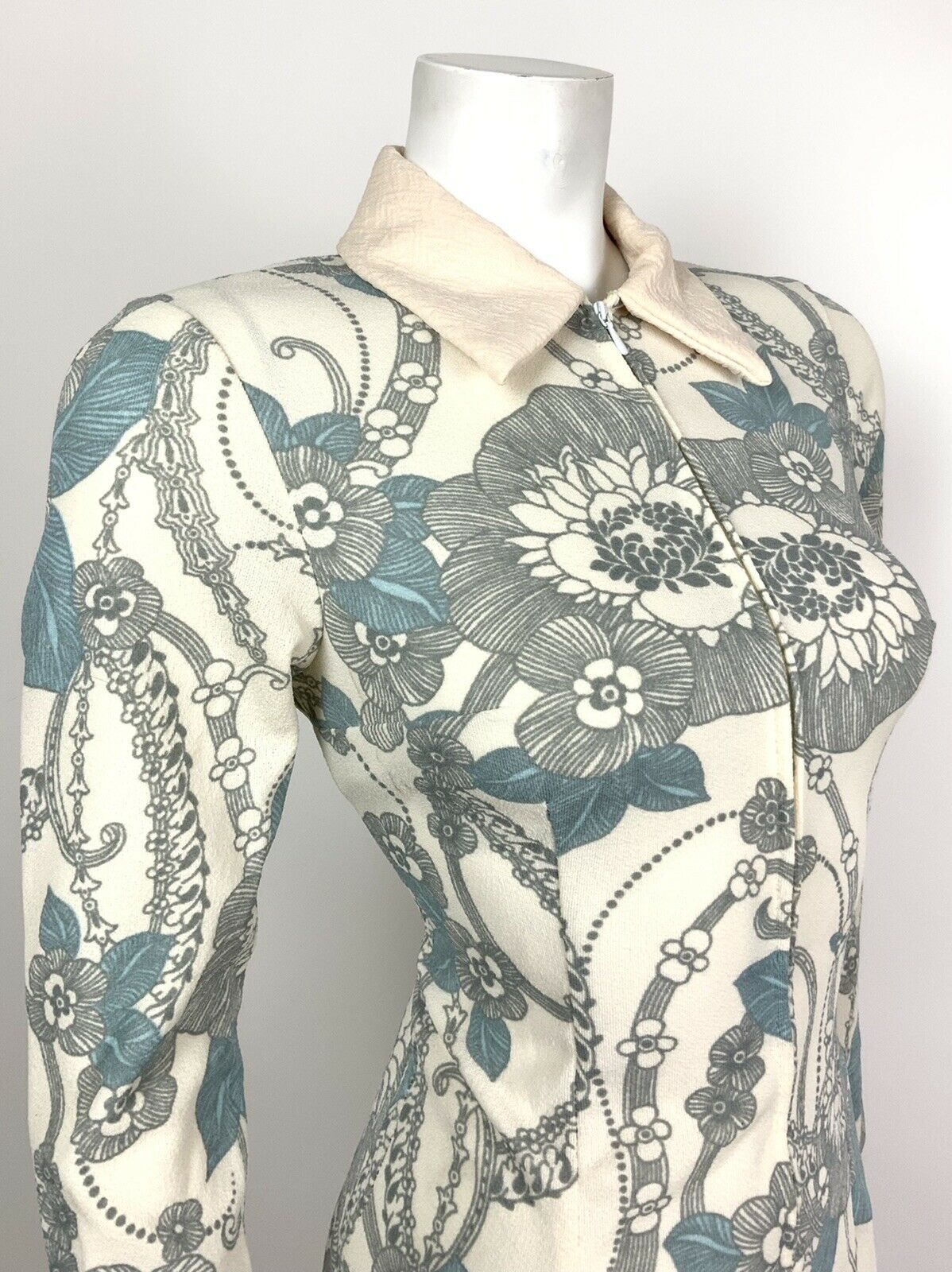 VTG MOD 60s 70s WHITE BLUE GREY FLORAL PSYCH ZIP-UP DAGGER DRESS 8 10