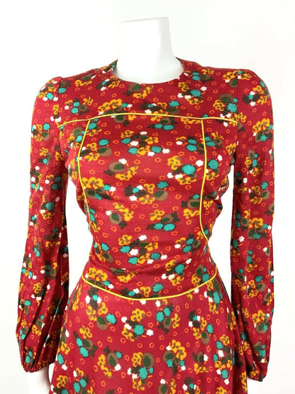 VINTAGE 60s 70s RED YELLOW BLUE FLORAL DITSY MOD PUFF SLEEVE MINI DRESS 8 10