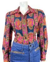 VTG 60s 70s BLUE NEON PINK GREEN PSYCHEDELIC FLORAL PAISLEY DAGGER SHIRT 14 16