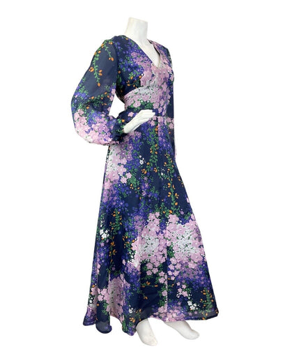 VINTAGE 70s BLUE PURPLE WHITE PSYCHEDELIC FLORAL FLOATY SUMMER MAXI DRESS 10