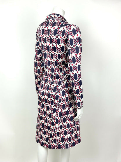 VINTAGE 60s 70s WHITE BLUE RED GEOMETRIC DAGGER COLLAR MOD SHIRT DRESS 14 16