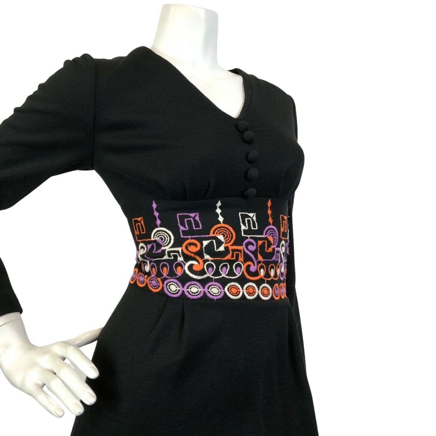 VTG 60s 70s BLACK ORANGE PURPLE GEOMETRIC EMBROIDERED BOHO MOD MAXI DRESS 10