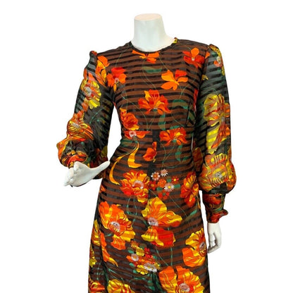 VINTAGE 60s 70s BLACK ORANGE RED SHEER STRIPED FLORAL MOD PSYCH MAXI DRESS 10