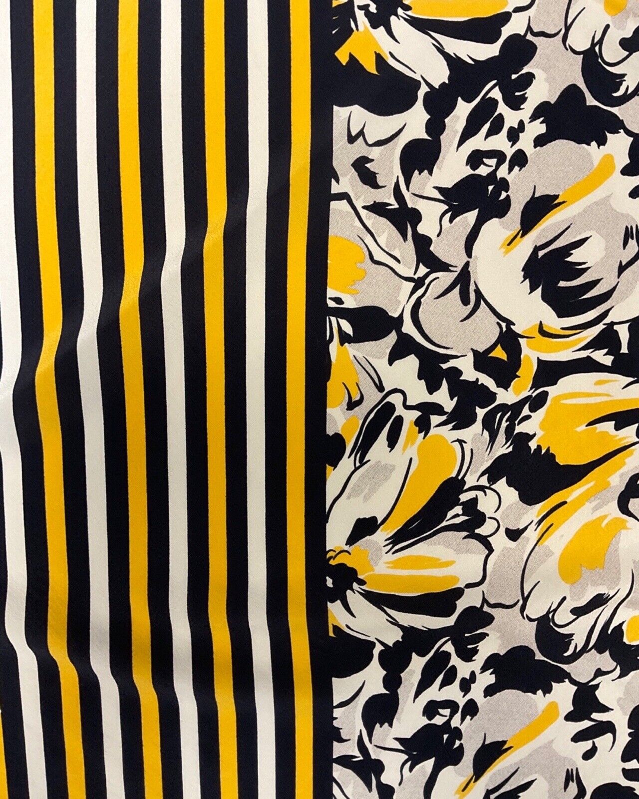 VINTAGE 60s 70s BLACK YELLOW WHITE STRIPED FLORAL MOD ABSTRACT SILK SQUARE SCARF