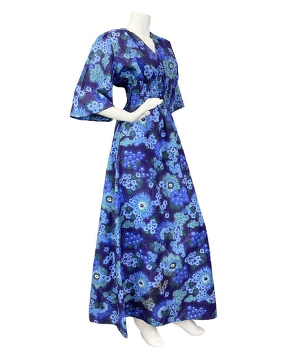 VINTAGE 60s 70s BLUE PSYCHEDELIC FLORAL SHIRRED BOHO MAXI DRESS 8