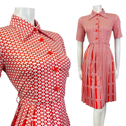 VINTAGE 60s 70s RED WHITE GEOMETRIC CHECKED MOD DAGGER COLLAR SHIRT DRESS 12 14