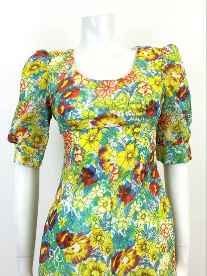 VTG 60s 70s GREEN BLUE YELLOW PSYCHEDELIC FLORAL PUFF SLEEVE MOD MINI DRESS 8