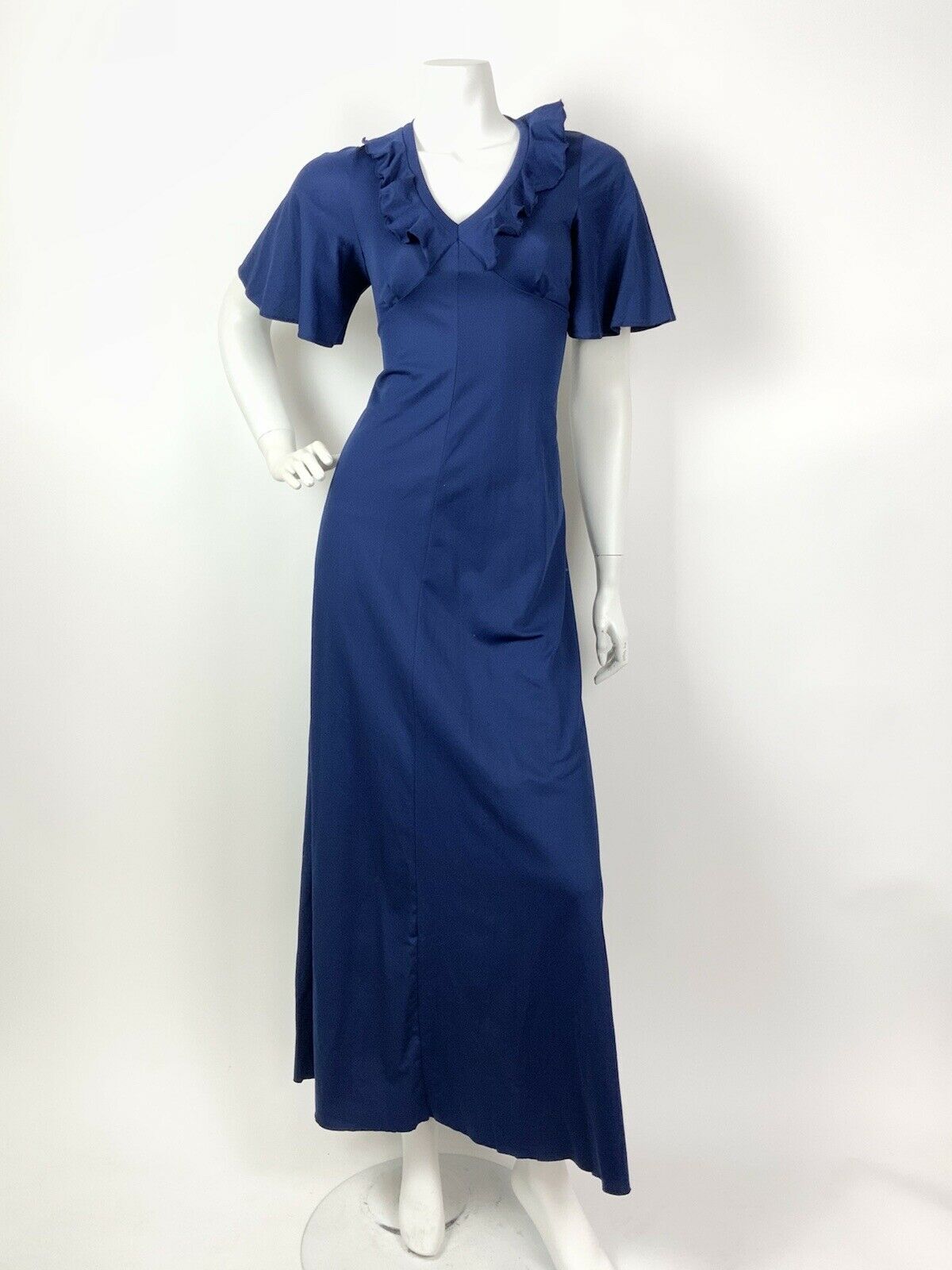 VINTAGE 60s 70s ROYAL BLUE RUFFLE COLLAR CAPE SLEEVE MAXI DRESS 8 10