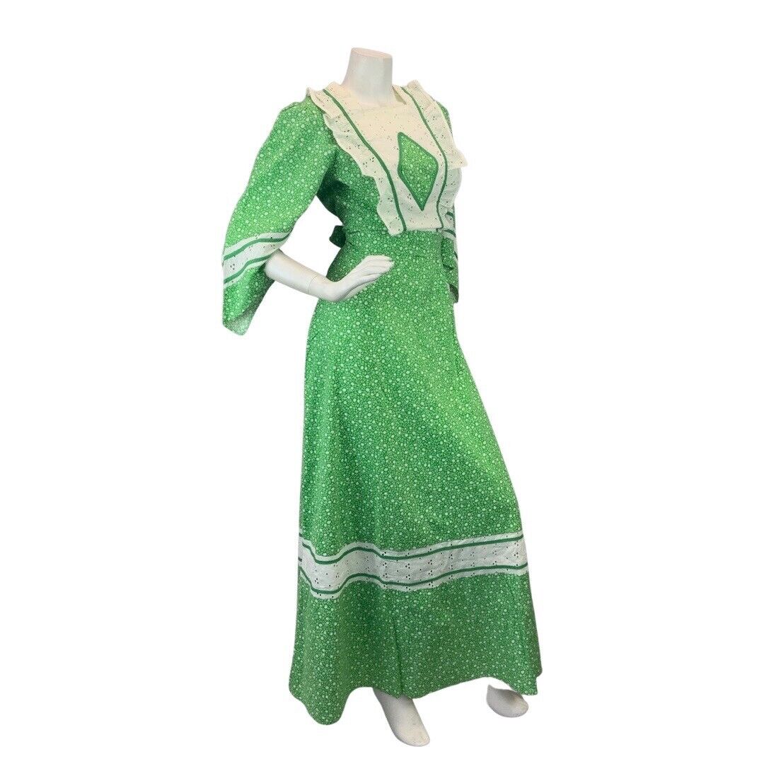 VINTAGE 60s 70s APPLE GREEN WHITE FLORAL DITSY LACE BOHO PRAIRIE MAXI DRESS 8 10