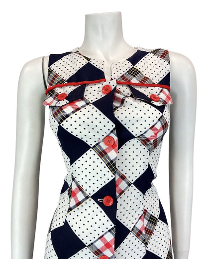 VINTAGE 60s 70s WHITE BLUE RED PATCHWORK POLKA-DOT SLEEVELESS MOD MIDI DRESS 8