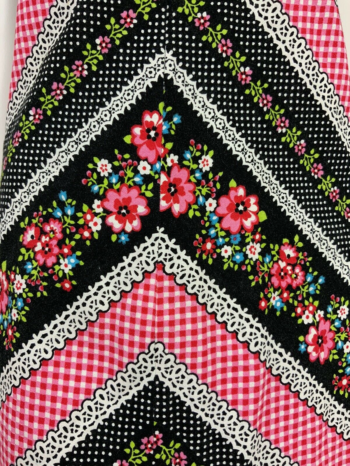 VTG 60s 70s BLACK PINK WHITE DOTTY GINGHAM FLORAL FOLK GYPSY HIPPY DRESS 12 14