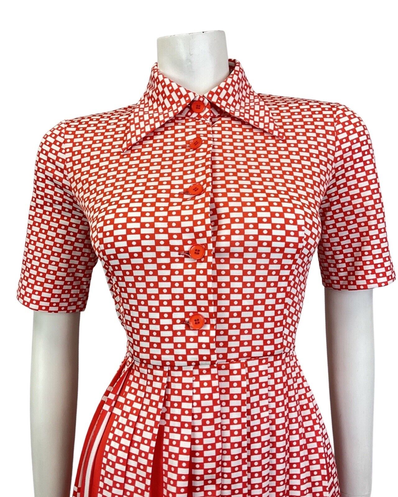 VINTAGE 60s 70s RED WHITE GEOMETRIC CHECKED MOD DAGGER COLLAR SHIRT DRESS 12 14