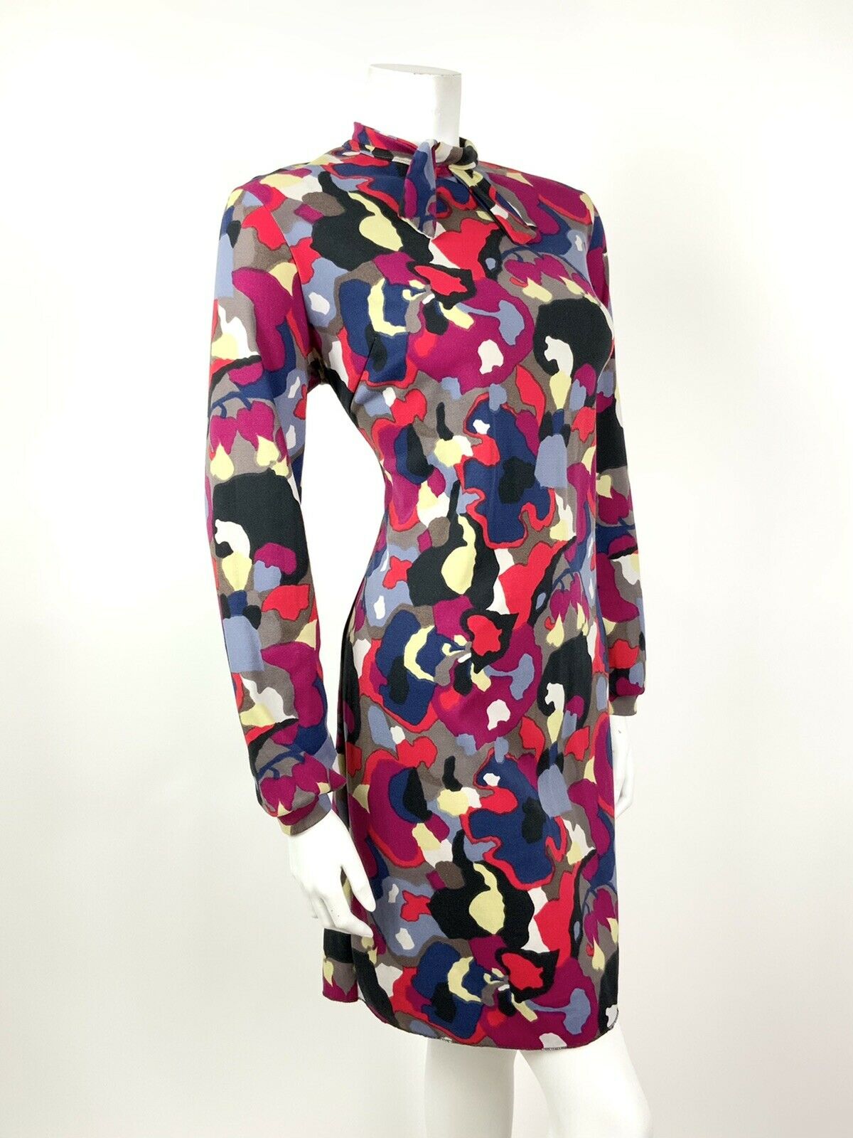 VINTAGE 60s 70s MULTI-COLOUR FLORAL ABSTRACT PSYCHEDELIC BOW DRESS 14 16