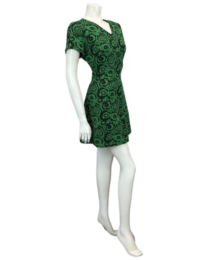 VINTAGE 60s 70s BLACK GREEN FLORAL PATTERN MINI MOD DRESS 16