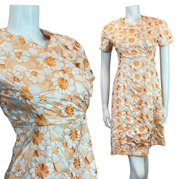 VINTAGE 60s STYLE 90s ORANGE WHITE FLORAL EMBROIDERED CUT-OUT MOD DRESS 6 8