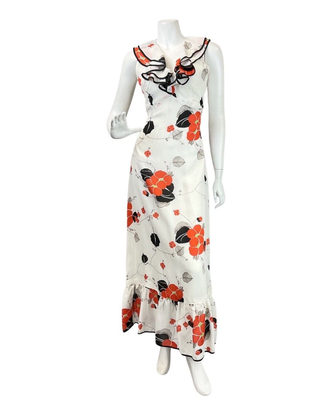 VINTAGE 60s 70s WHITE RED BLACK FLORAL RUFFLED MOD SLEEVELESS MAXI DRESS 8