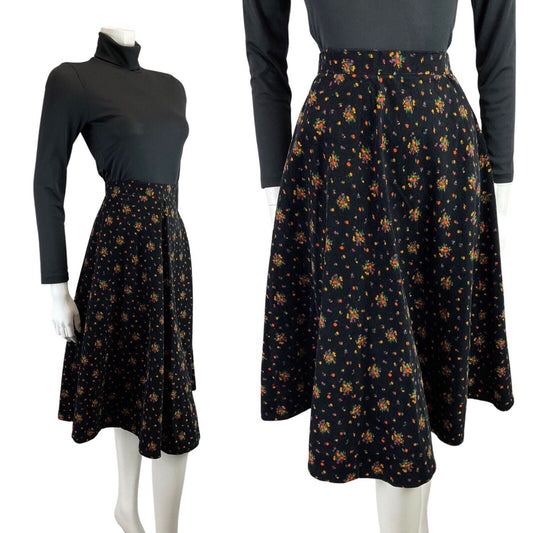 VINTAGE 60s 70s BLACK PINK ORANGE DITSY FLORAL KNEE-LENGTH CORDUROY SKIRT 4