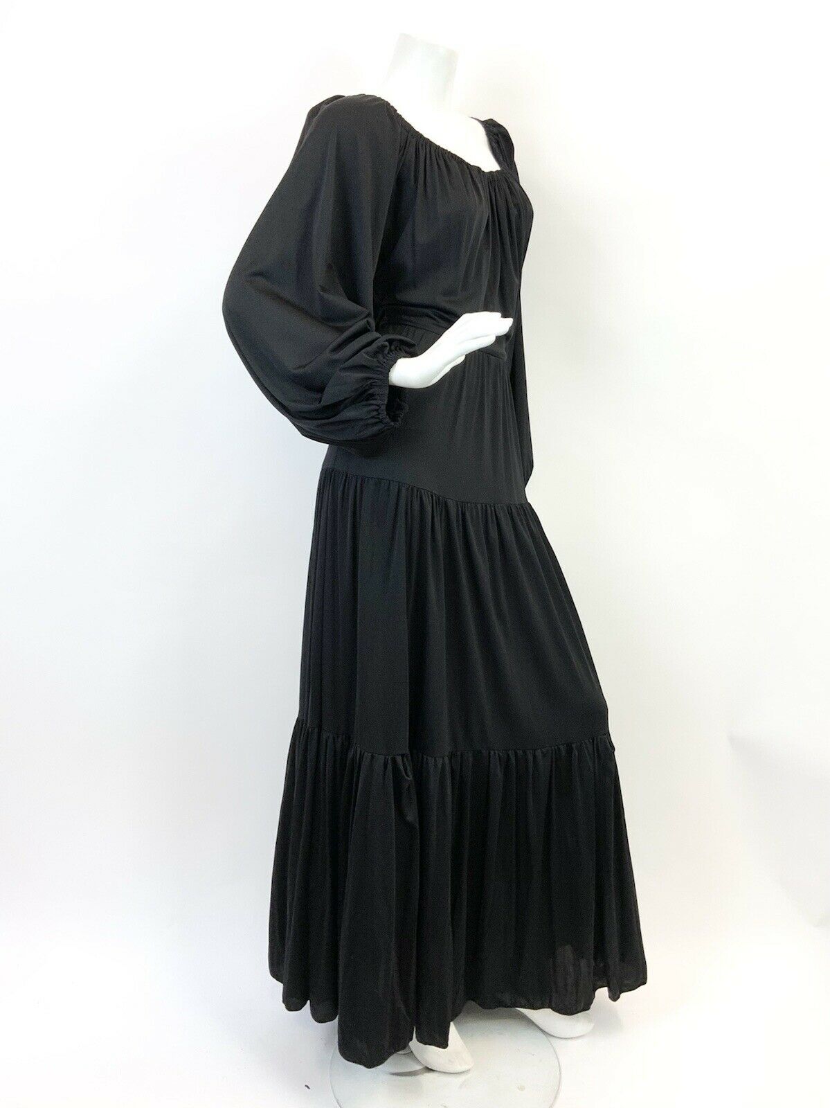 VINTAGE 60s 70s JET BLACK PUFF SLEEVE TIERED BOHO FOLK MAXI DRESS 10