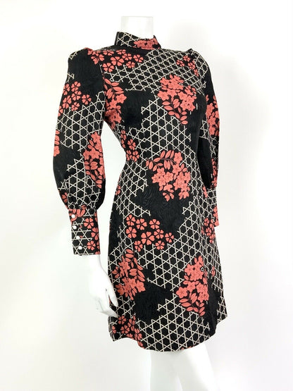 VTG 60s 70s BLACK WHITE PINK GEOMETRIC HONEYCOMB BLOSSOM MOD MINI DRESS 8 10