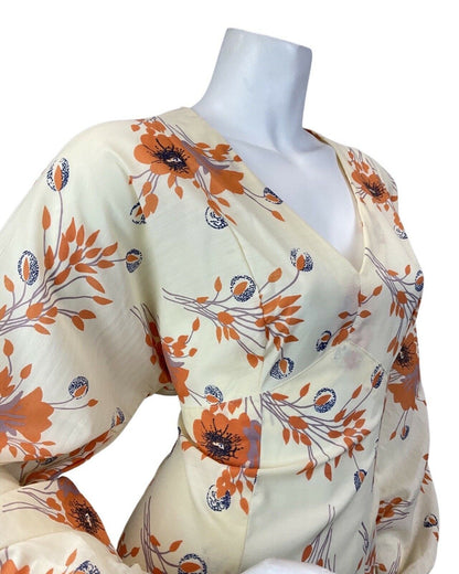 VINTAGE 60s 70s CREAM ORANGE FLORAL PUFF SLEEVE BOHO PRAIRIE MAXI DRESS 12 14