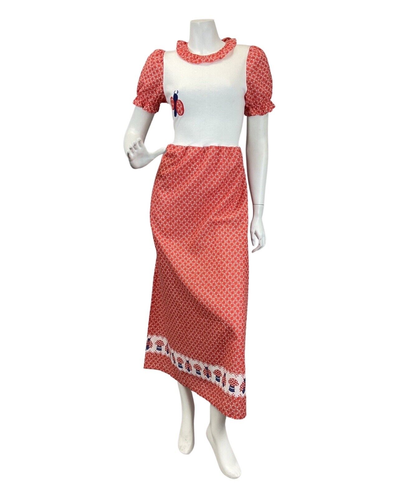 VTG 60s 70s RED WHITE BLLUE DOTTY LADYBIRD MUSHROOM MOD PRAIRIE MAXI DRESS 8 10