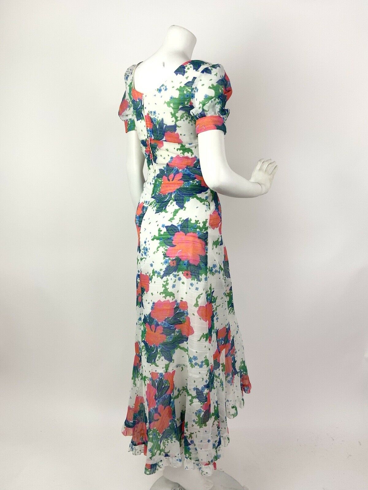 VINTAGE 60s 70s WHITE PINK ORANGE BLUE FLORAL DITSY RUFFLED SHEER MAXI DRESS 10