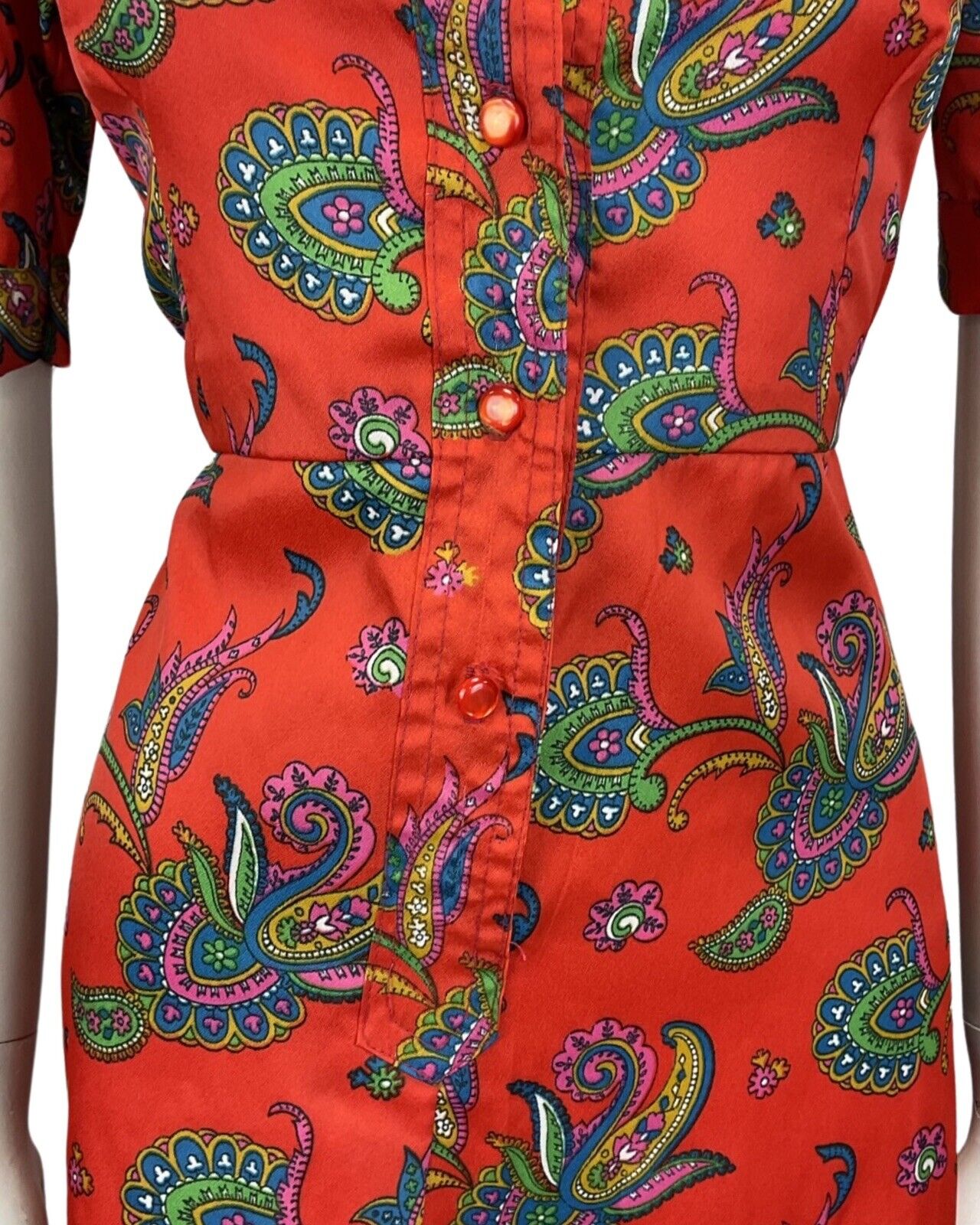 VTG 60s 70s RED BLUE PINK PAISLEY PRINT RUFFLED DAGGAR COLLAR MIDI DRESS 10 12