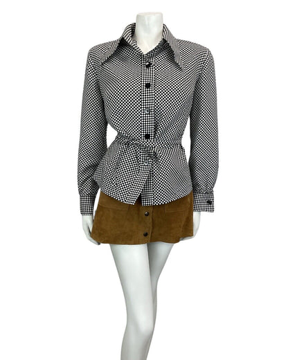 VINTAGE 60s 70s BLACK WHITE CHECKERBOARD DAGGAR COLLAR MOD SHIRT 14