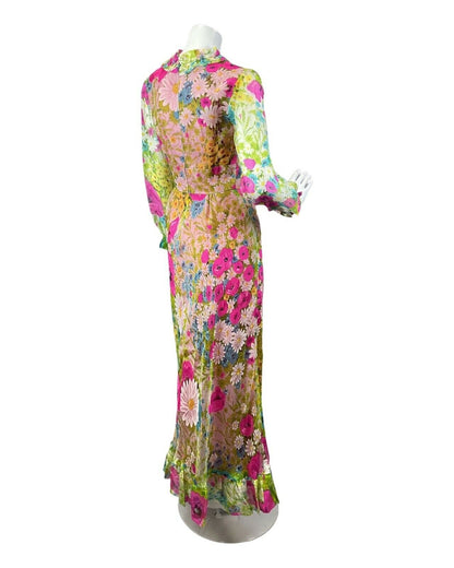 VINTAGE 60s 70s GREEN PINK BLUE GARDEN FLORAL DAISY SUMMER SHEER MAXI DRESS 6