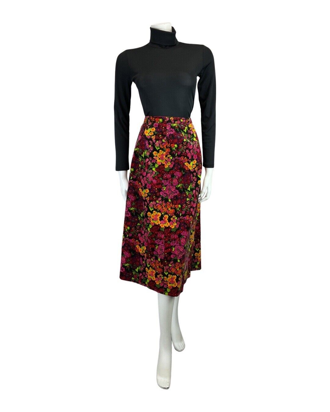 VINTAGE 60s 70s PINK YELLOW BLACK FLOWER POWER VELVET MIDI SKIRT 8 10