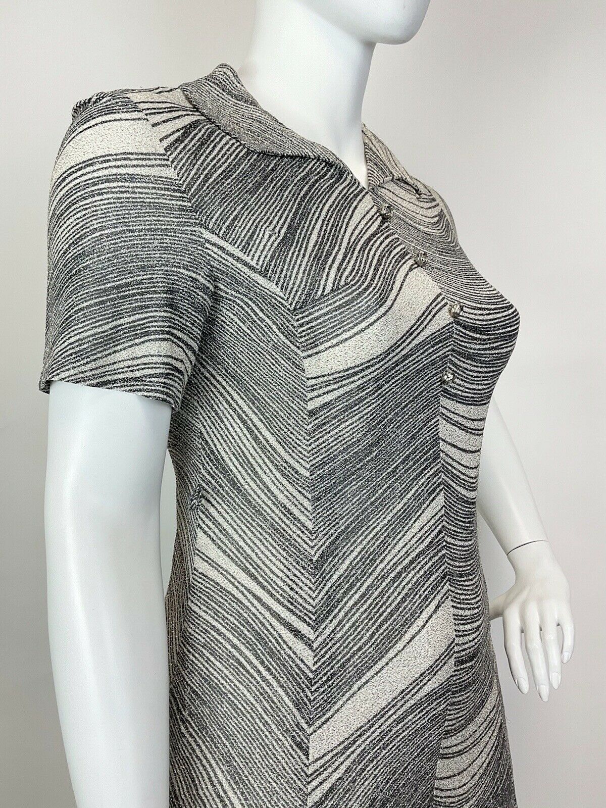 VINTAGE 60s 70s SILVER BLACK WHITE STRIPED LUREX PARTY GLAM SHIRT DRESS 16