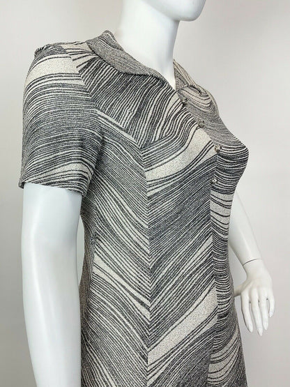 VINTAGE 60s 70s SILVER BLACK WHITE STRIPED LUREX PARTY GLAM SHIRT DRESS 16