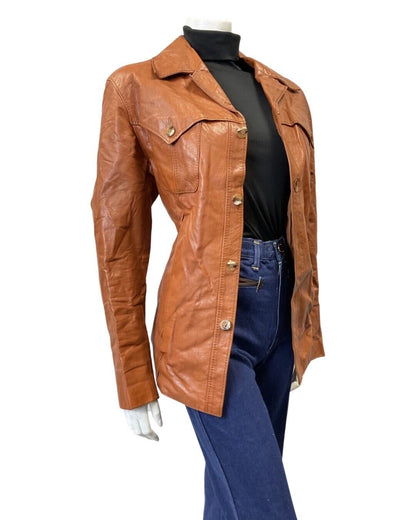 VINTAGE 60s 70s TAN BROWN WESTERN MOD LEATHER JACKET 14 16