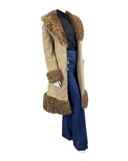 VINTAGE 60s 70s PEANUT BROWN SHEARLING SUEDE LEATHER BOHO PRINCESS COAT 12