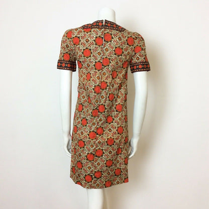 VTG 60S 70S ORANGE ETHNIC PSYCHEDELIC BATIK PRINT COTTON MINI DRESS 8 10