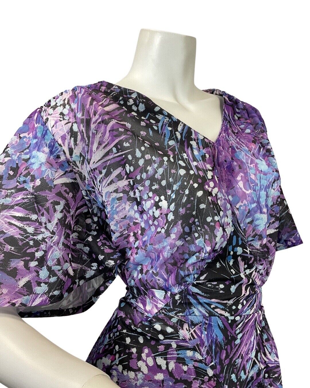 VINTAGE 60s 70s PURPLE BLUE BLACK PSYCHEDELIC FLORAL SHEER MAXI DRESS 18 20