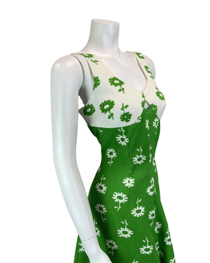 VINTAGE 60s 70s WHITE GREEN FLORAL PRINT MINI WITH CUT OUT DETAIL DRESS 12