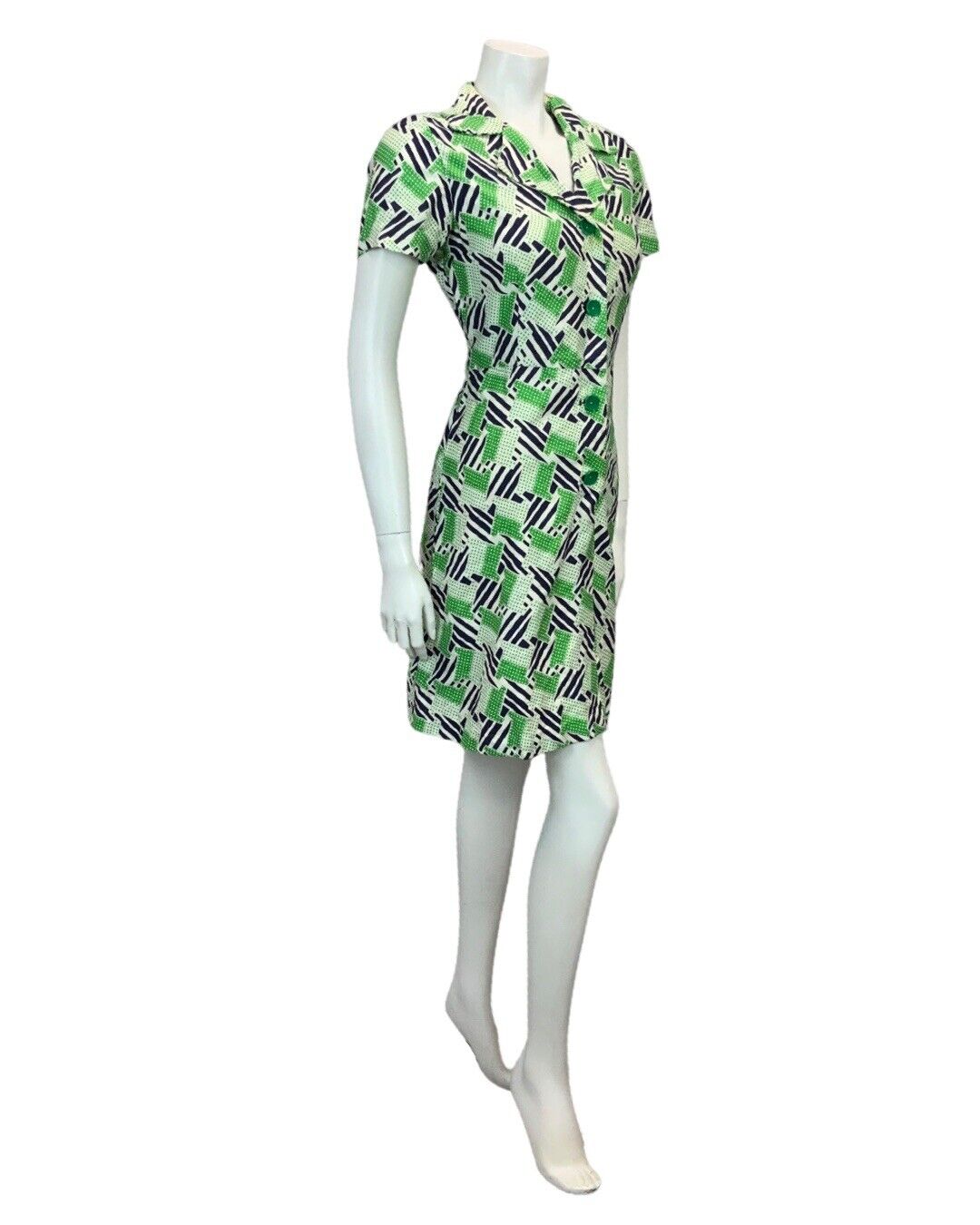 VINTAGE 60s 70s WHITE NAVY BLUE GREEN POLKA DOT PRINT MOD MINI SHIRT DRESS 10