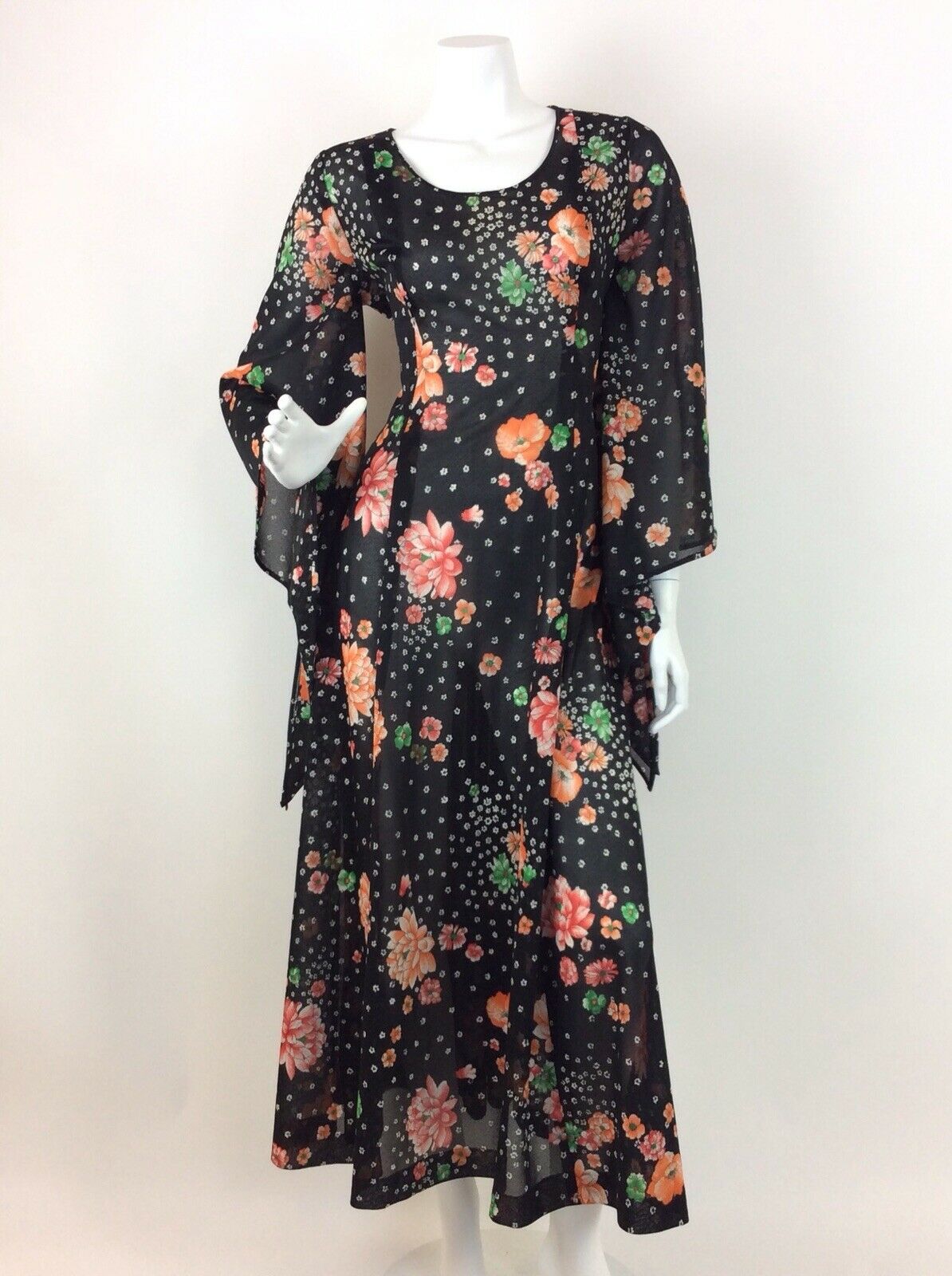 BLACK GREEN ORANGE VTG 70S FLARE SLEEVE MAXI DRESS 10 12